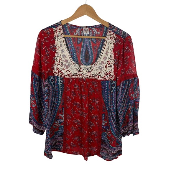 Bila Tops - Bila Red Paisley Crochet Trim Blouse Medium Peasant Bandana Lightweight‎ Boho